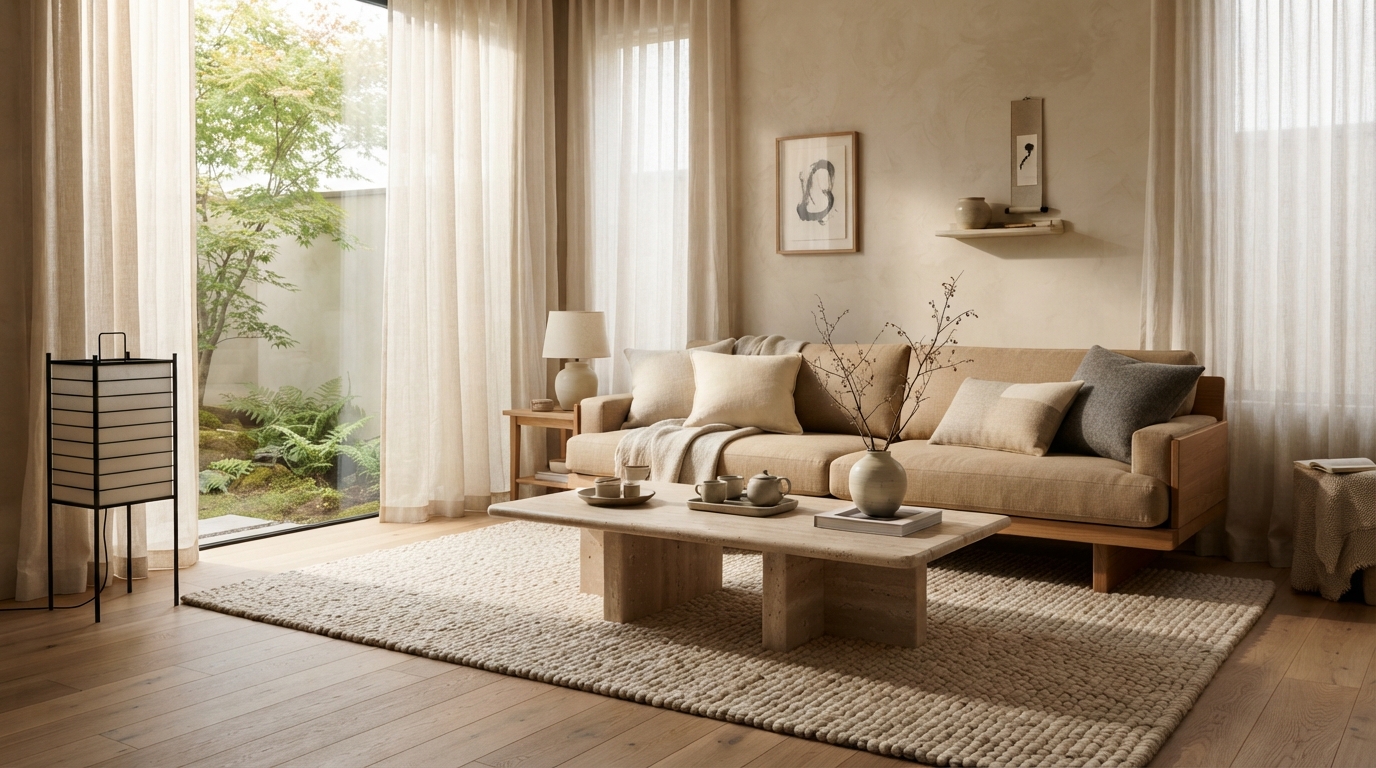 Low-Profile Natural Oak & Linen Sofa Seating